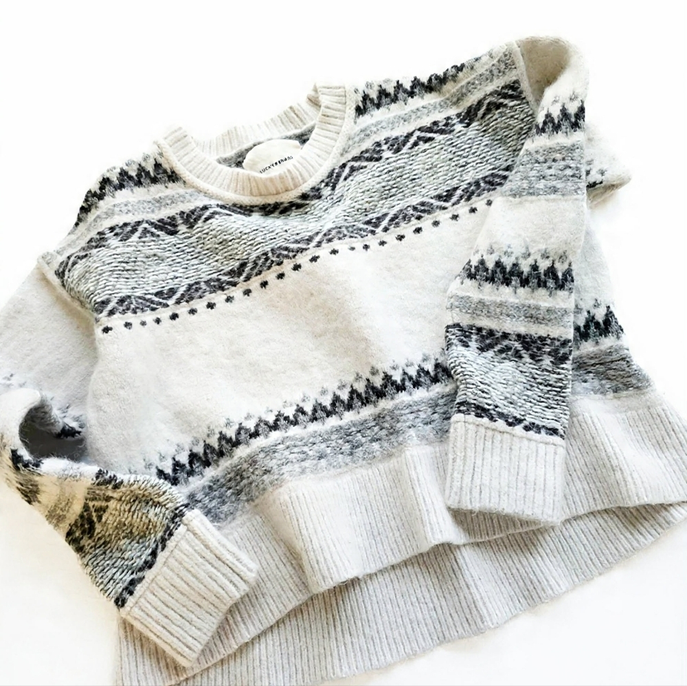 Lucky Brand‎ Ivory and Charcoal Knit Peplem Fair Isle Sweater Alpaca Wool